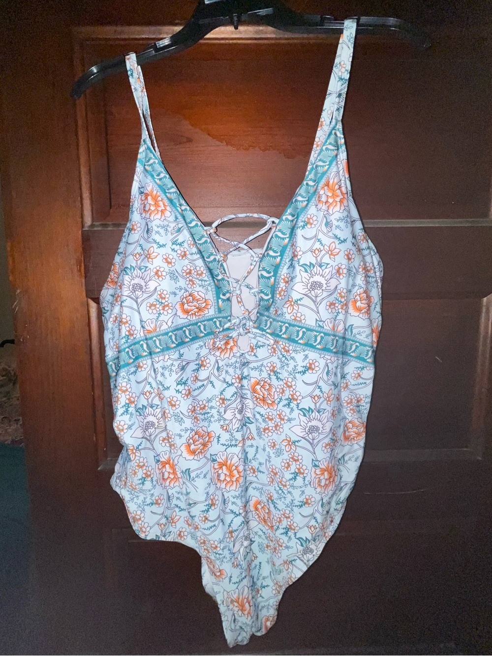 SHEIN Floral Lace-Up One-Piece Swimsuit in Teal & Orange